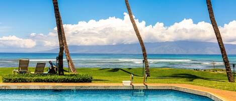 A pool with lounge chairs and palm trees, overlooking a beach and ocean.
