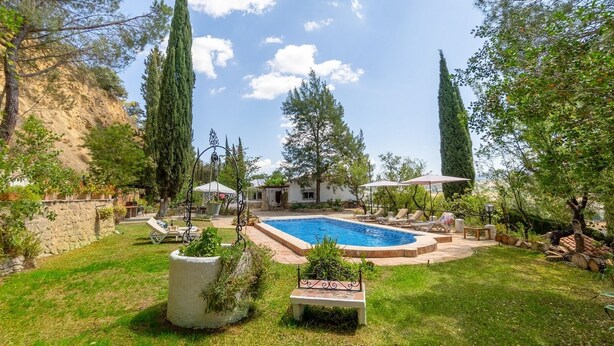 Um quintal com piscina, cercado por árvores e um muro de pedra.