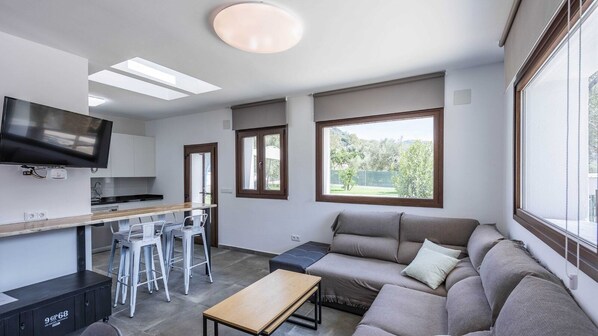 Fernseher, Kamin, Tischtennisplatte