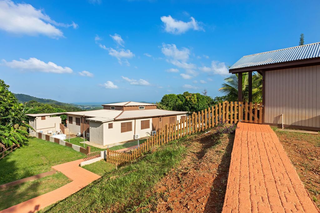 A residential property with a paved driveway leading to a house with a metal roof, surrounded by a wooden fence and lush greenery.
