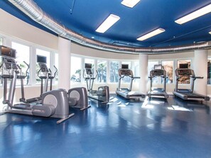 A gym with various cardio machines, large windows, and a blue ceiling.