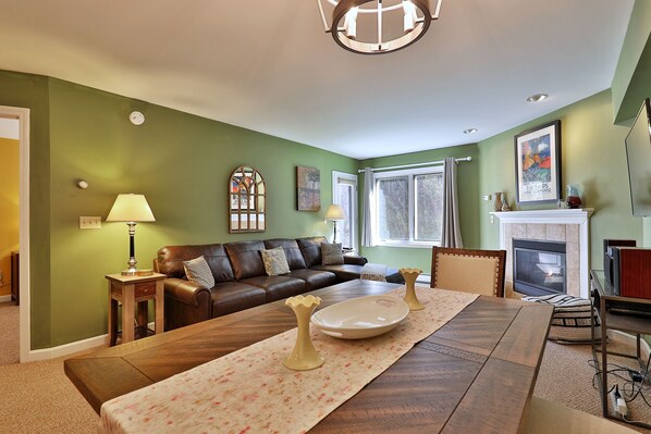 Télévision, cheminée, lecteur de DVD, vidéothèque