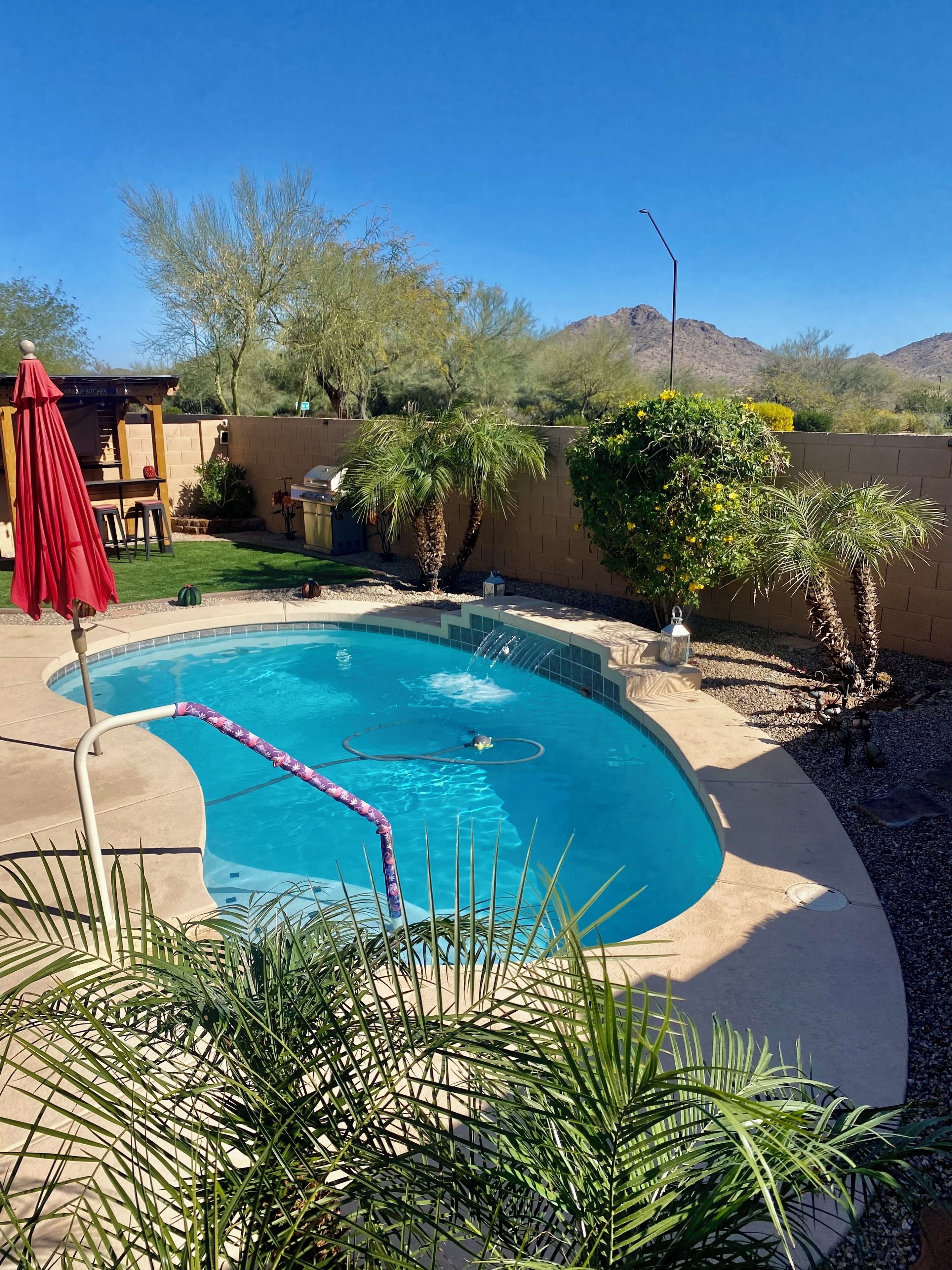 A swimming pool with a red umbrella, palm trees, and a barbecue area.