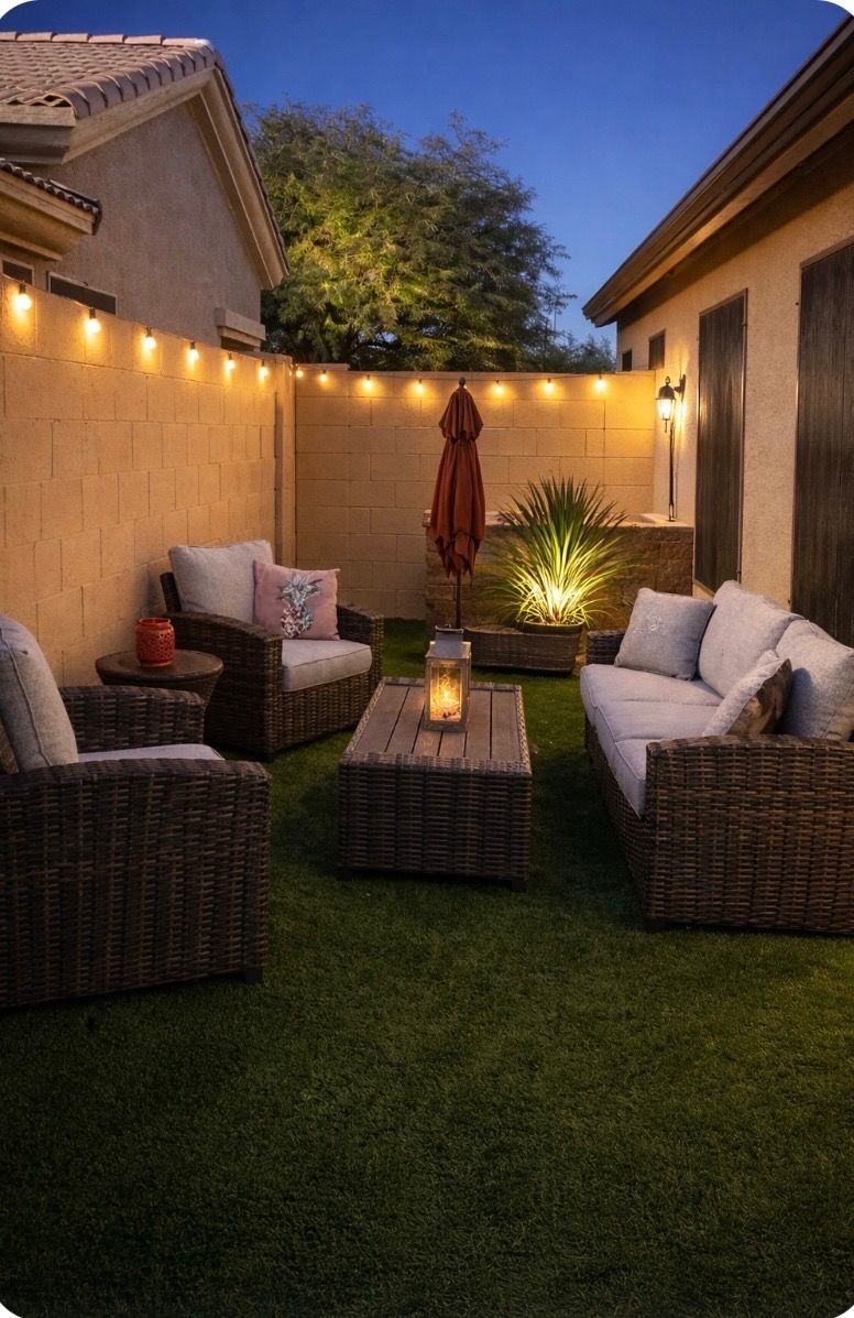 An outdoor patio with wicker furniture, a small table with a lantern, and string lights.