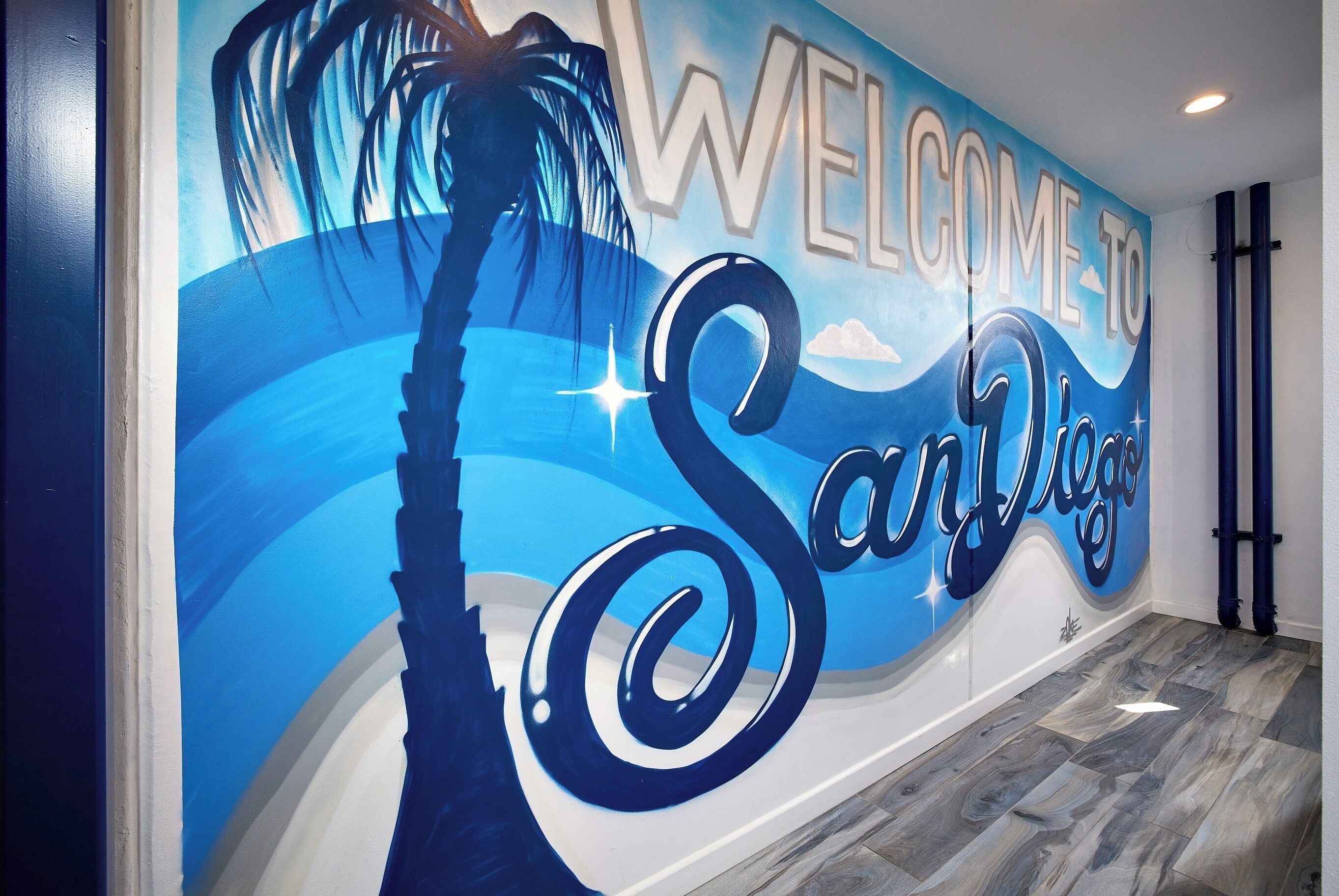Een muurschildering met de tekst 'WELCOME TO San Diego' en een silhouet van een palmboom.