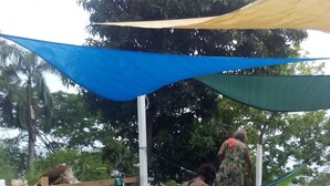 Una terraza de madera con piscina, rodeada de follaje y protegida por un toldo azul y verde.