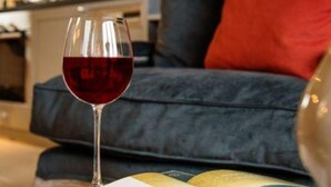 Een glas rode wijn op een tafel, met een boek, in een kamer met een donkerblauwe bank en een rood kussen.
