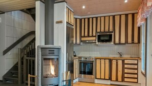 Een moderne keuken met een houtkachel, roestvrijstalen apparatuur en houten keukenkastjes.