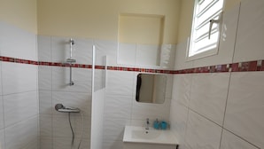A bathroom with a shower, sink, and mirror. - Sunbeam Bottom of villa T3 beach 2km away  (Sainte-Anne)