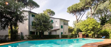 A heated pool, pool loungers