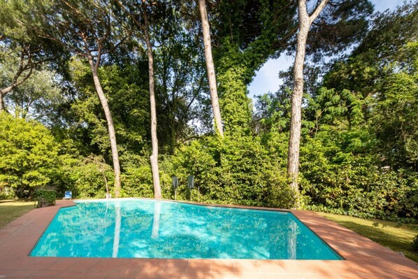 Piscine chauffée, chaises longues