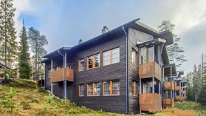 Una casa moderna a due piani con facciata scura, numerose finestre e balconi in legno.