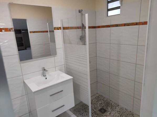 Douche, serviettes fournies, papier toilette