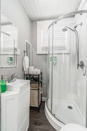 Hair dryer, towels, soap, shampoo