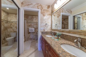 Combined shower/bathtub, hair dryer, towels