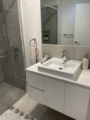 Combined shower/bathtub, hair dryer, bidet, towels