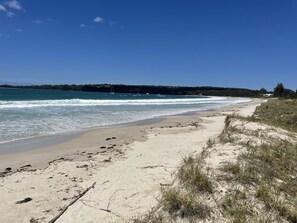 A beach with clear skies, waves, and sparse vegetation. - A piece of heaven  (Vincentia)