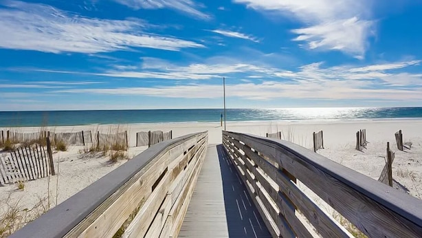 Un muelle de madera que conduce a una playa con cielo despejado.