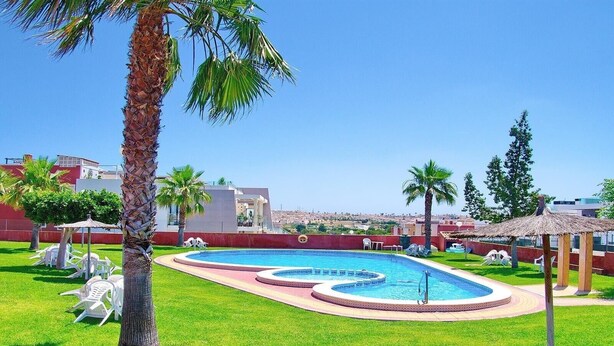 A swimming pool with a curved design, surrounded by grass and palm trees, with a clear blue sky in the background. - Apartment with Large Roof Solarium, Pool, Garden, Barbecue, A/C & Wi-Fi (Orihuela Costa)