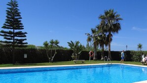 A swimming pool with a clear blue water, surrounded by palm trees and a hedge. - Apartment "Atico Montesol" with Sea View, shared Pool & Terrace (Torrox Costa)