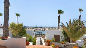 Une terrasse sur le toit agrémentée de plantes en pot, de palmiers et offrant une vue sur la mer.