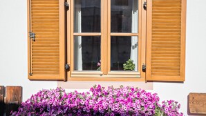 A window with wooden shutters, a view of the sky, and a flower bed with purple flowers. - Hoferhof Apartement 'Bergzauber' with Mountain View, Garden & Wi-Fi (Schenna)