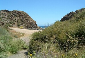 Un sendero costero que lleva a una playa con terreno rocoso y vegetación escasa.