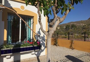 Un edificio con ventana, un árbol y una valla.