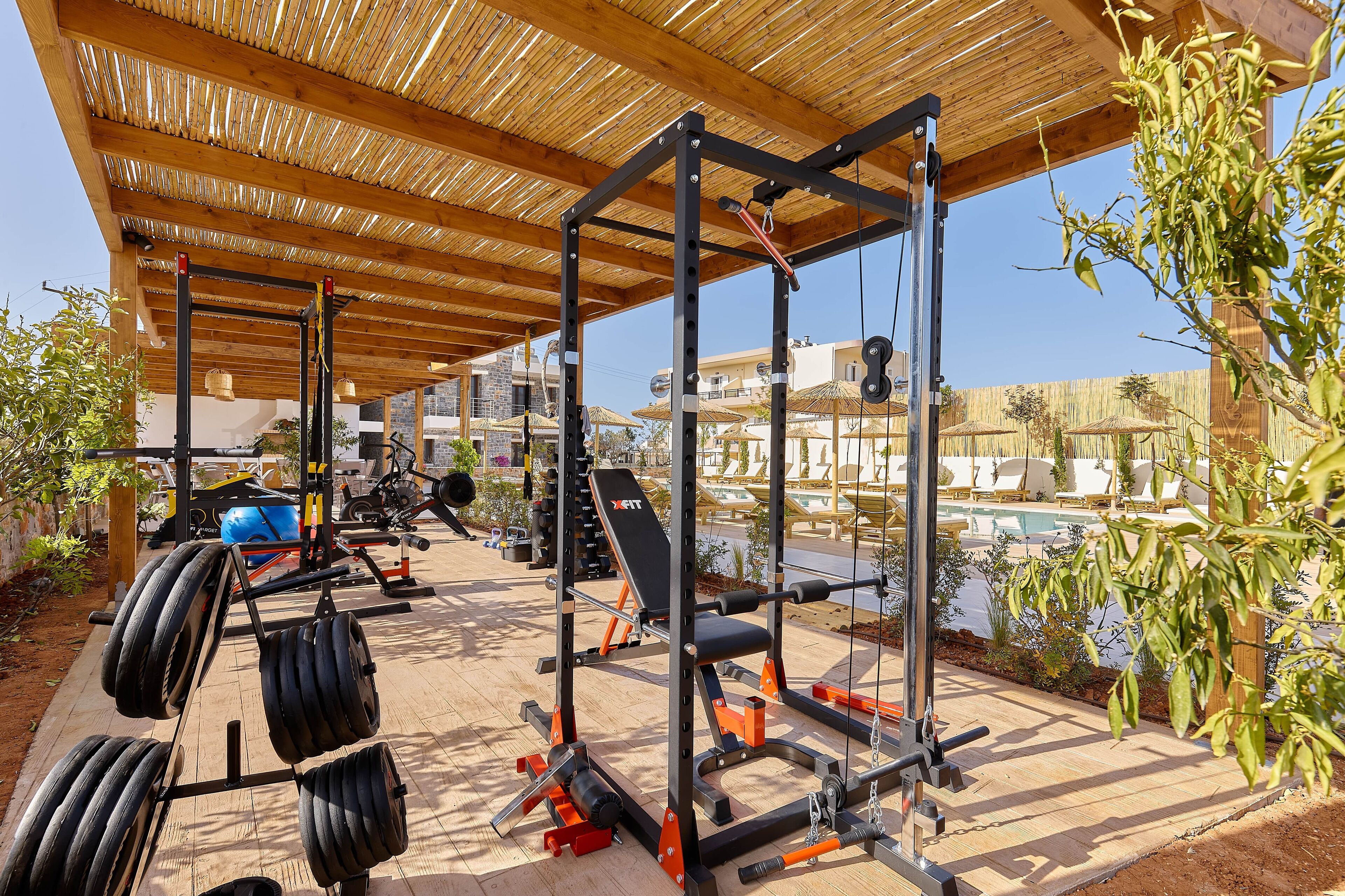 An outdoor gym with weightlifting equipment, a covered wooden structure, and a pool in the background.