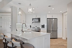 Fridge, microwave, coffee/tea maker, toaster