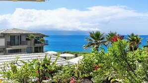 Un hôtel situé sur la côte, offrant une vue sur l’océan, doté d’un balcon agrémenté de plantes et d’un bâtiment surmonté d’un toit en tuiles.