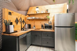 Fridge, microwave, stovetop, coffee/tea maker