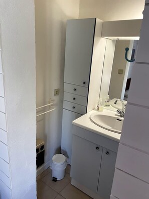 Baignoire, séchoir à cheveux, papier de toilette