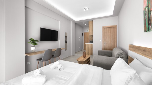 A modern hotel room with a large bed, a desk with a chair, a television, and a small plant.