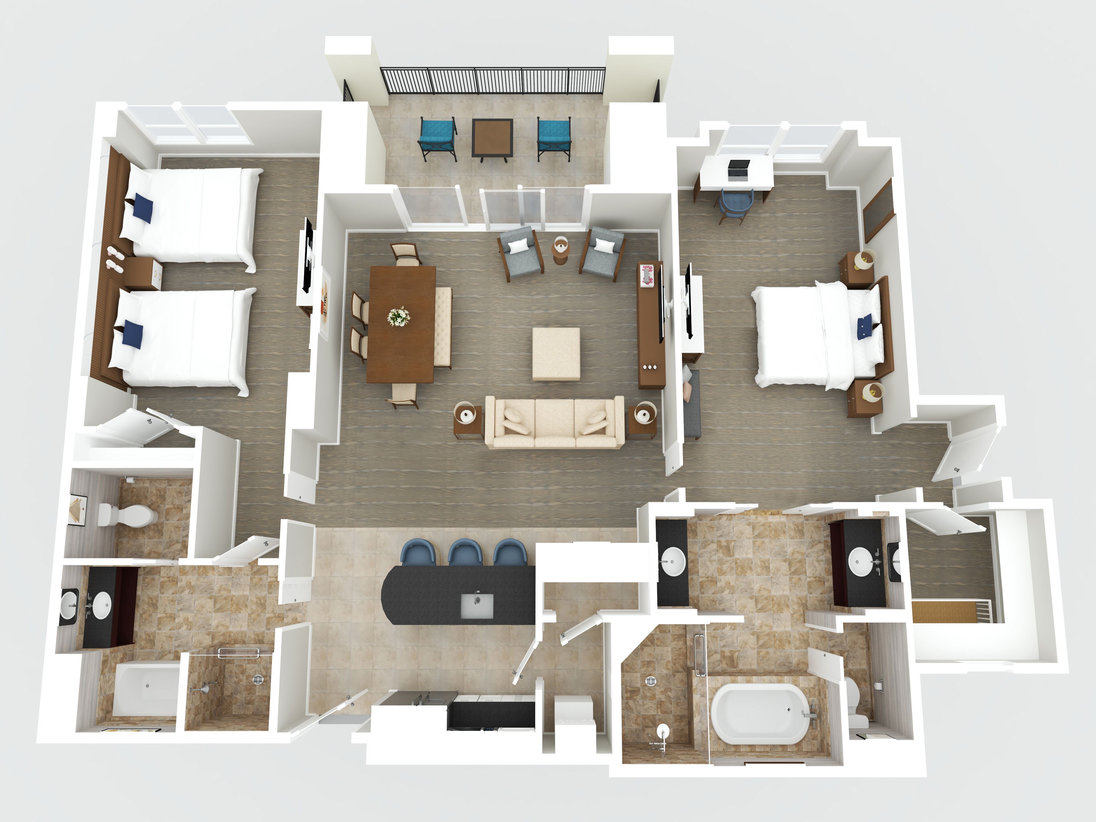 A 3D floor plan of a hotel room with a bed, a sitting area with a table and chairs, a bathroom with a bathtub and toilet, and a kitchenette.
