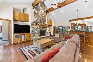 Smart TV, fireplace, video games, DVD player