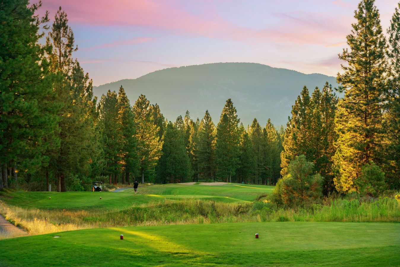 A golf course with a mountain in the background and dense trees surrounding it.