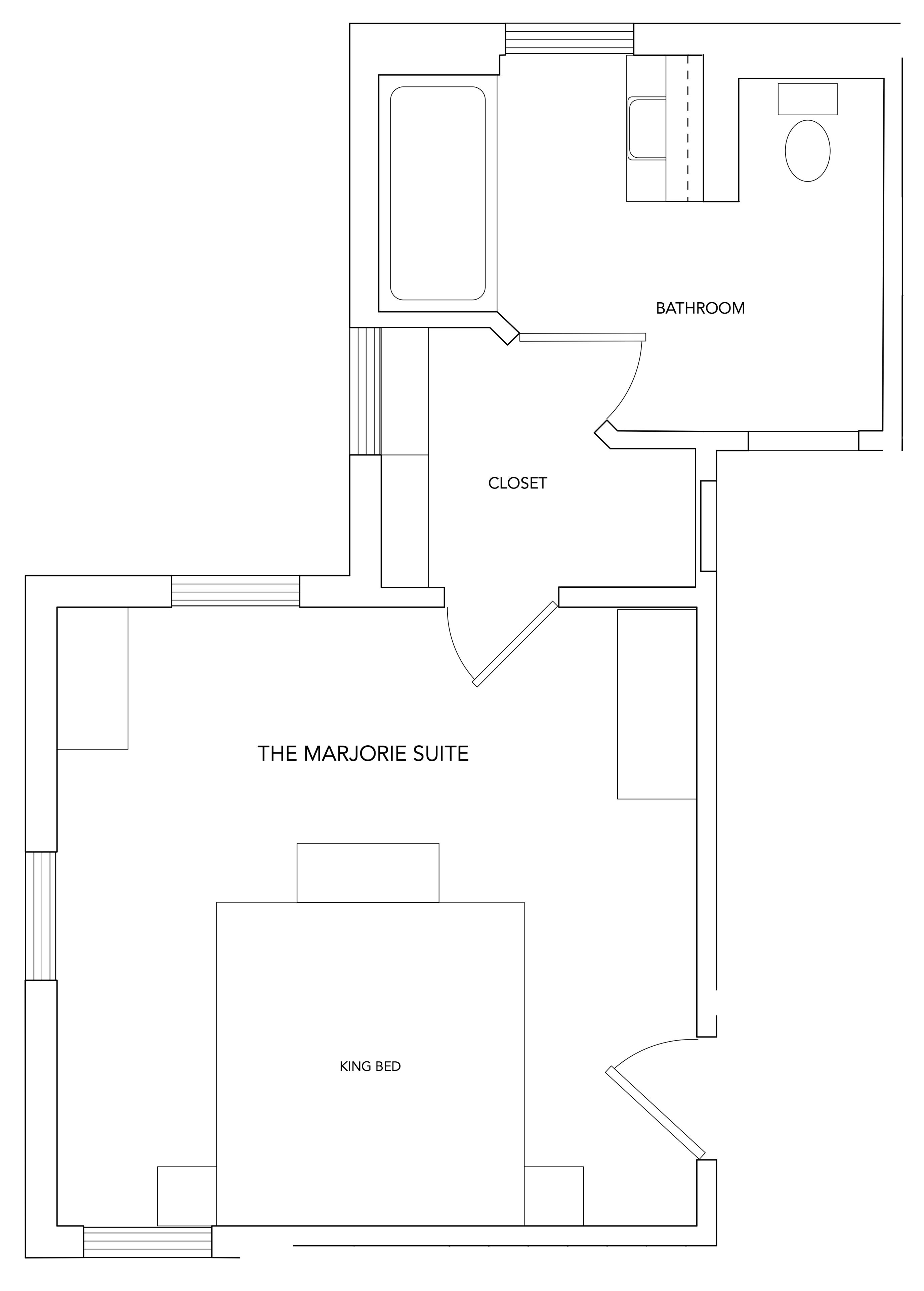 Planta baixa de uma suíte de hotel com cama king-size, armário e banheiro.