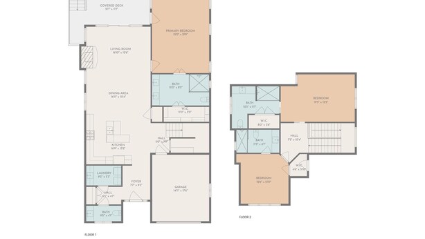 A floor plan of a two-story apartment with a covered deck, primary bedroom, living room, dining area, kitchen, laundry, and a garage.