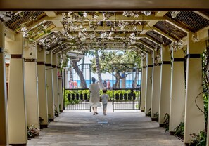 Stroll through the beautifully decorated corridor, lined with floral arrangements, leading to a gated entrance with a stunning sea view.