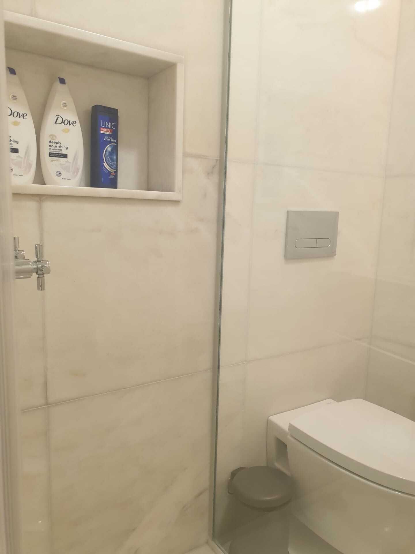 A bathroom with a toilet, a shower, and a shelf with Dove and Clinique products.