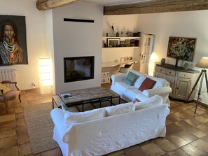 TV, fireplace, DVD player, books