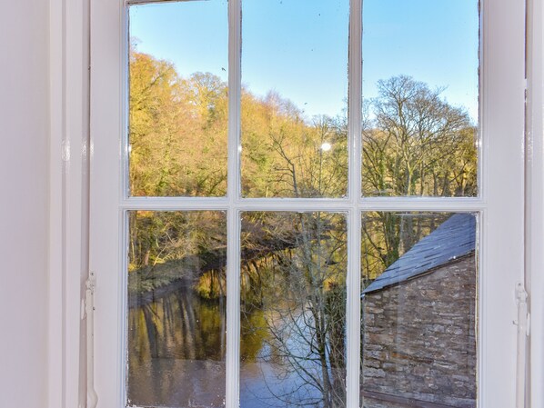 A window with a view of trees and a building.