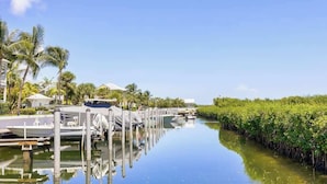 A marina with boats docked, surrounded by lush greenery and palm trees. - Oceanside Anglers Reef Home+Beach, Pool and Kayaks (Islamorada)
