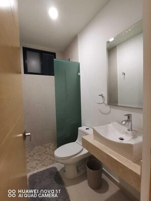 Regadera, toallas, jabón, papel de baño 
