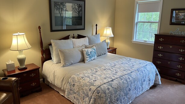 A bedroom with a large bed, two bedside tables with lamps, a dresser, a framed picture on the wall, and a window with a view of trees. - Roomy 2 Bedroom Apt. w/en Suite BA, Private Entry & Parking, Tennis Court (Bethesda)