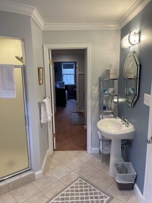 Combined shower/bathtub, hair dryer, towels, soap