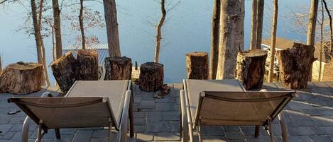 Un espace extérieur aménagé avec deux chaises en métal et une table, entouré de souches d’arbres et offrant une vue sur un lac.