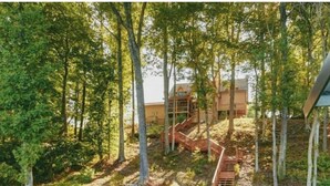 A forested area with a wooden staircase leading to a building.
