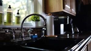 Una cocina con un lavamanos negro, una ventana y una planta.